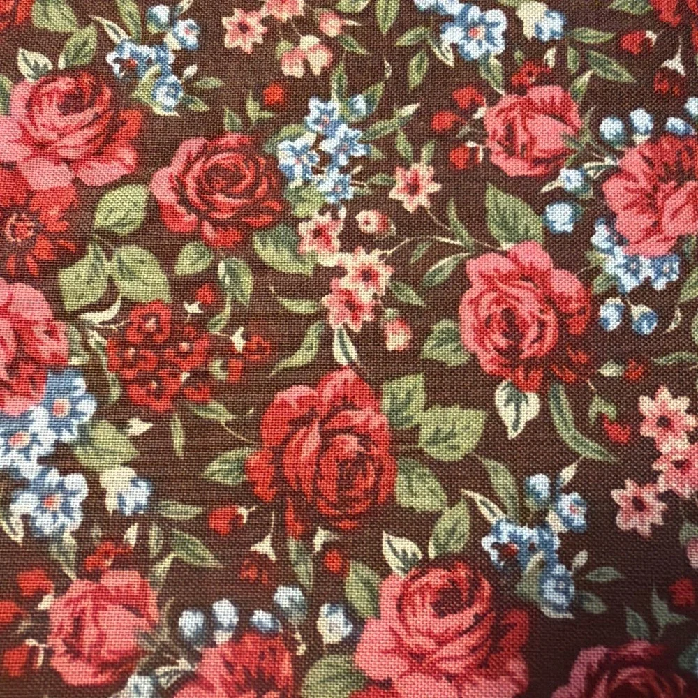 Vtg Red Pink Roses On Brown With Blue Flowers 1.5 Yards By MBT